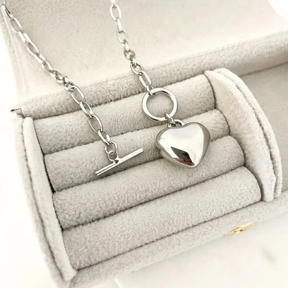 925 Sterling Silver Chunky Toggle Heart Necklace Minimalist Heart Pendant Chain - Picture 4 of 5